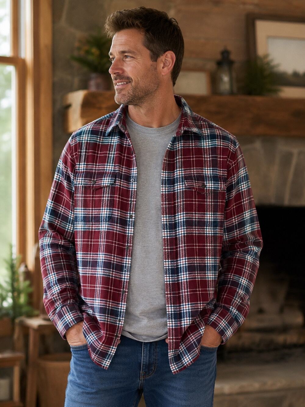 Sonoma Goods for Life XL Burgundy Plaid Flannel Shirt 100% Cotton Button Front